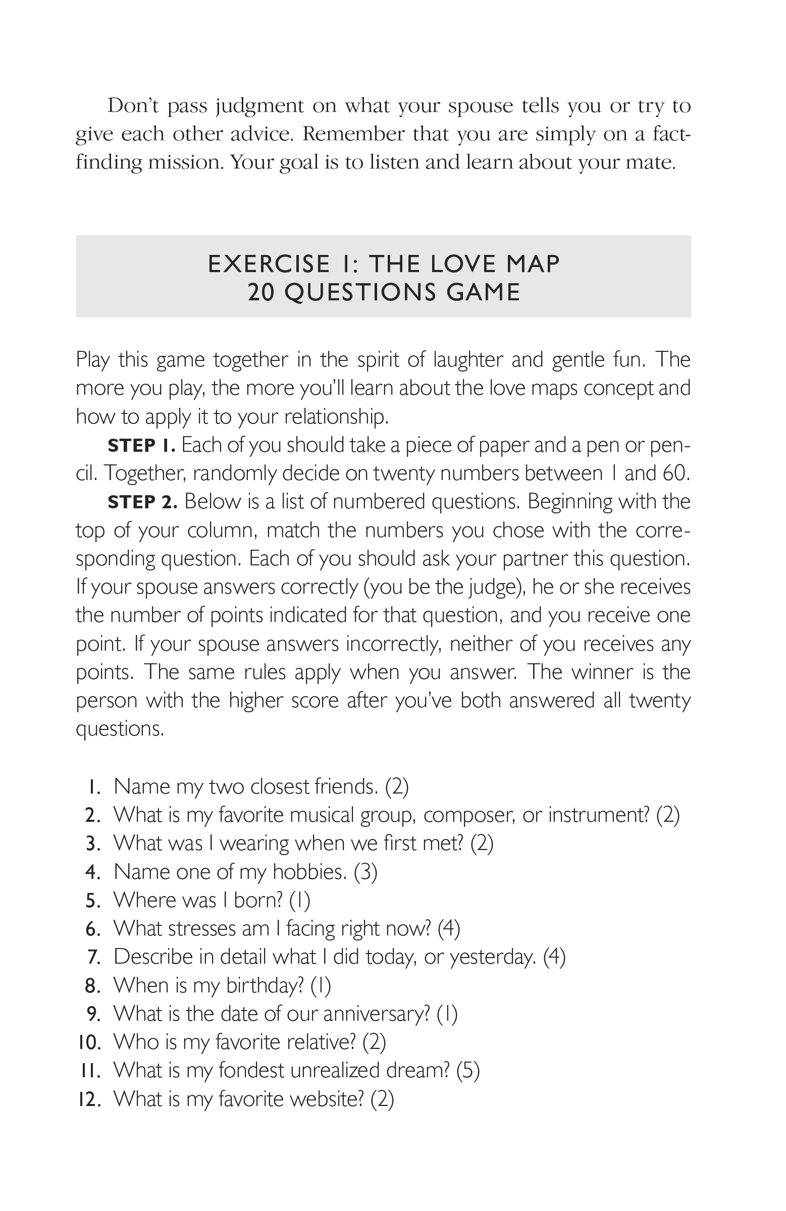 Extended ebook content for The Seven Principles for Making Marriage Work:  Exercise: The Love Map 20 Questions Game